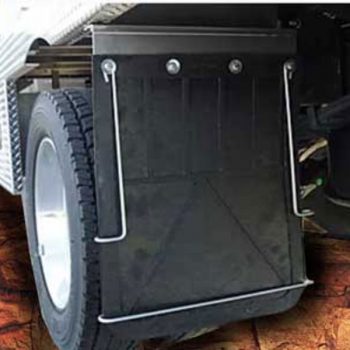 Anti-sail brackets installed behind a truck wheel to prevent debris from getting under the vehicle.